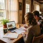 Two partners co-owning an Airbnb review property documents and data at a kitchen table