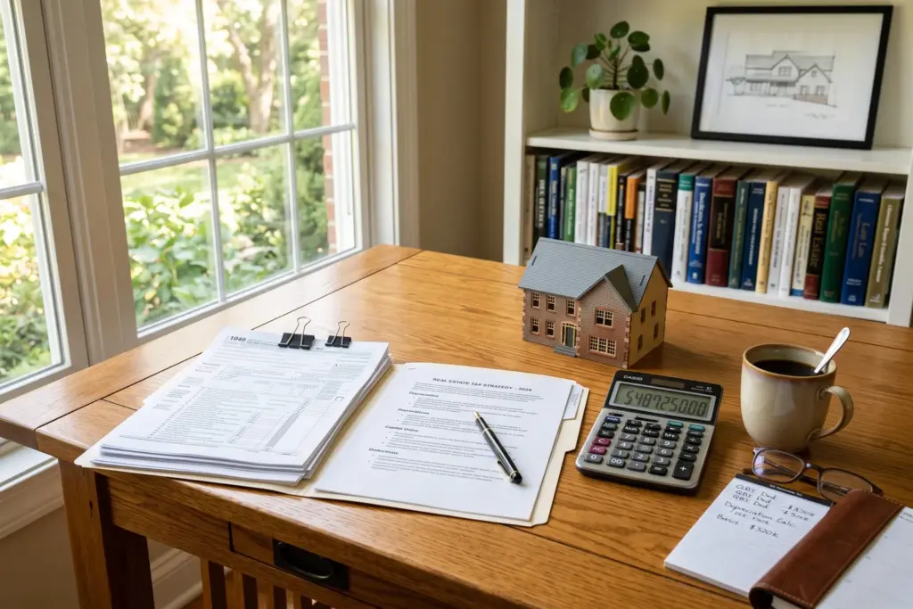 IRS tax forms and calculator on desk representing capital gains tax when selling an Airbnb property