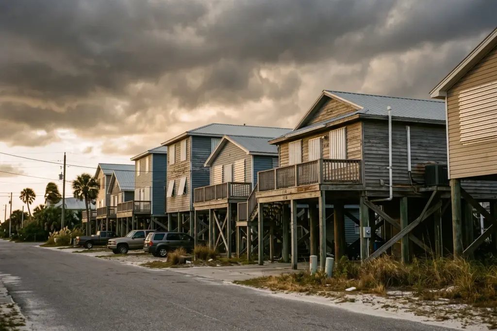 Florida coastal beach houses elevated on stilts showing hurricane exposure and insurance risk for short-term rental investors