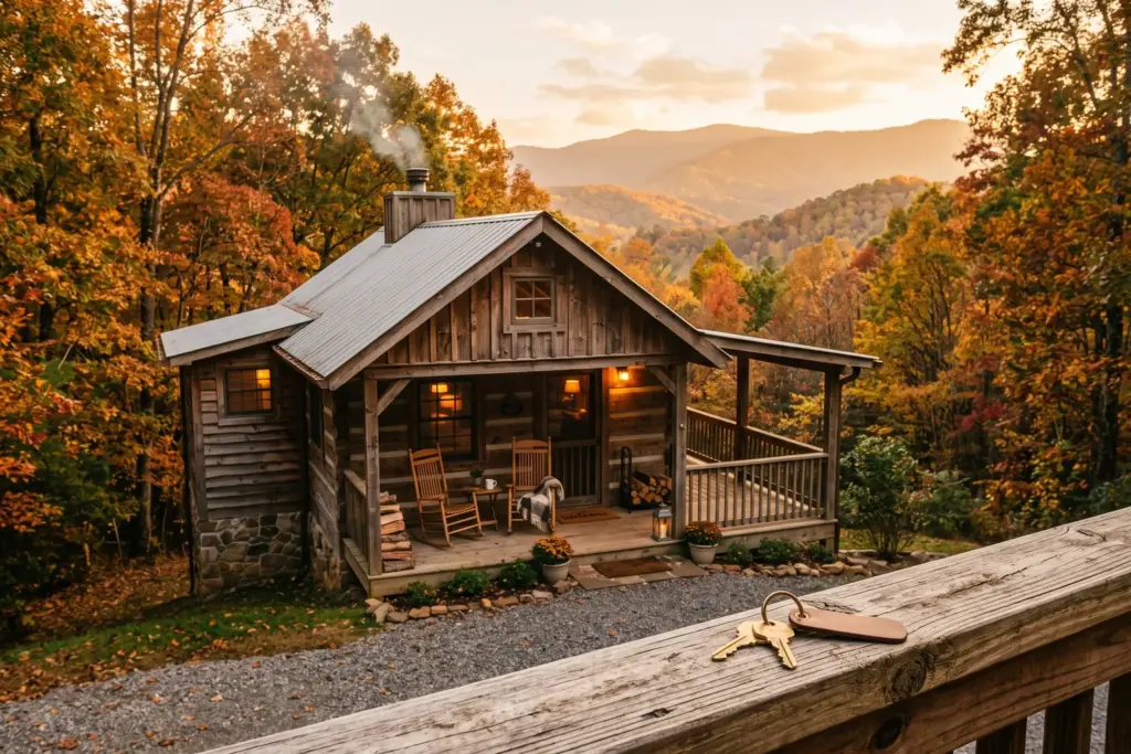 A cozy vacation rental cabin in the Tennessee Smoky Mountains with house keys on the porch railing, representing a first STR purchase using a DSCR loan