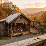 A cozy vacation rental cabin in the Tennessee Smoky Mountains with house keys on the porch railing, representing a first STR purchase using a DSCR loan