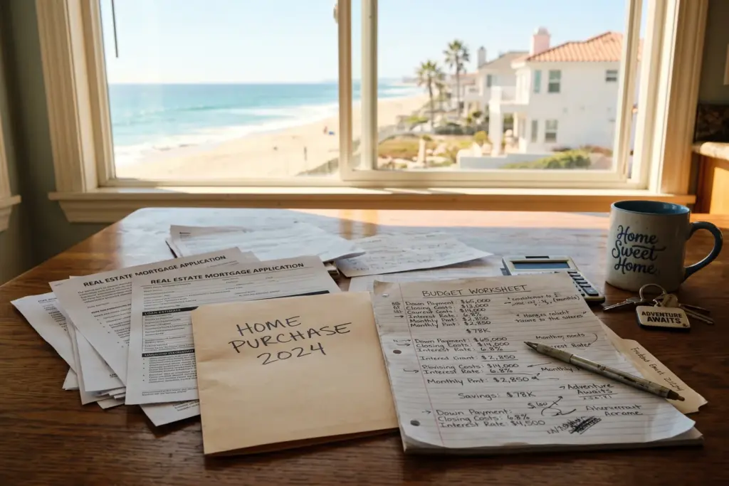 Stack of mortgage documents and financial worksheets on a kitchen table with a beach vacation rental visible through the window