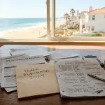 Stack of mortgage documents and financial worksheets on a kitchen table with a beach vacation rental visible through the window