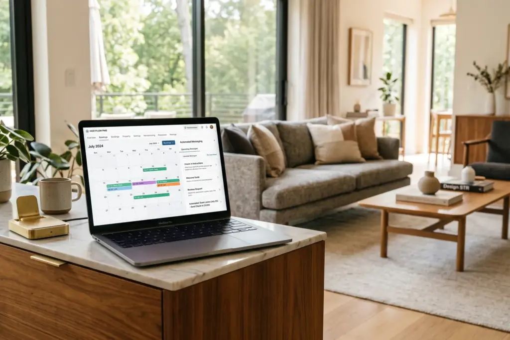 Laptop displaying property management dashboard with automated messaging and booking calendar for Airbnb host automation