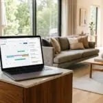 Laptop displaying property management dashboard with automated messaging and booking calendar for Airbnb host automation