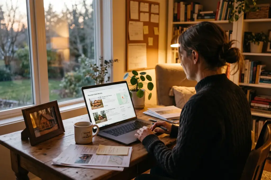 Person reviewing short-term rental portfolio properties on laptop at home, planning how to build an Airbnb portfolio while working full time