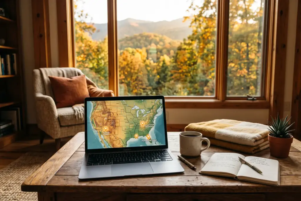 Laptop showing a US map with vacation rental market pins, warm cabin background, remote STR research