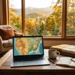 Laptop showing a US map with vacation rental market pins, warm cabin background, remote STR research