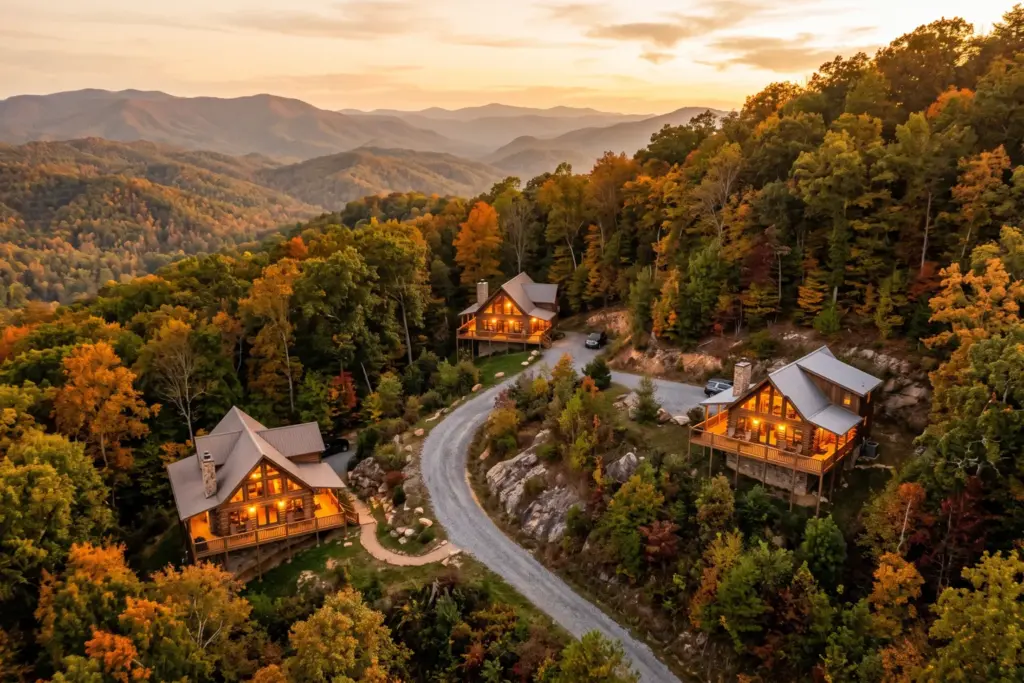 Aerial view of multiple short-term rental cabin properties in the Tennessee Smoky Mountains at golden hour
