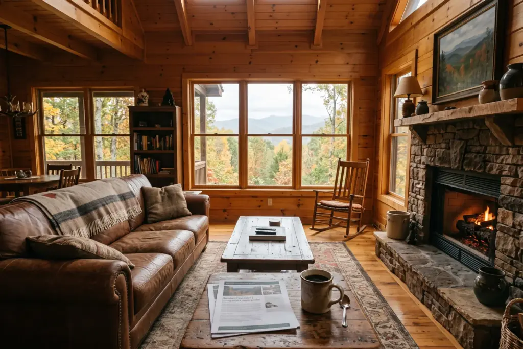 Furnished cabin living room with real estate listing documents on coffee table, representing an STR exit decision