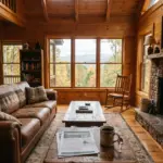 Furnished cabin living room with real estate listing documents on coffee table, representing an STR exit decision