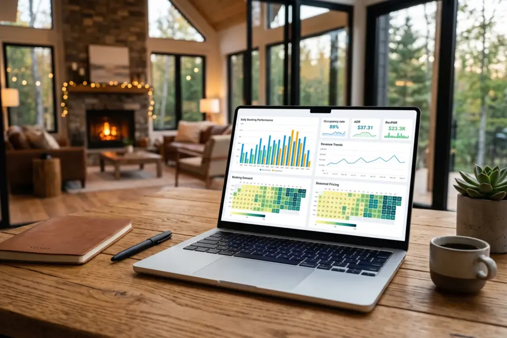 Pricing analytics dashboard on laptop with vacation rental property in background