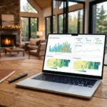 Pricing analytics dashboard on laptop with vacation rental property in background