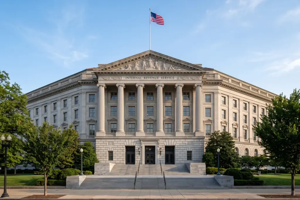IRS federal building representing Section 199A QBI deduction rules for short-term rental owners