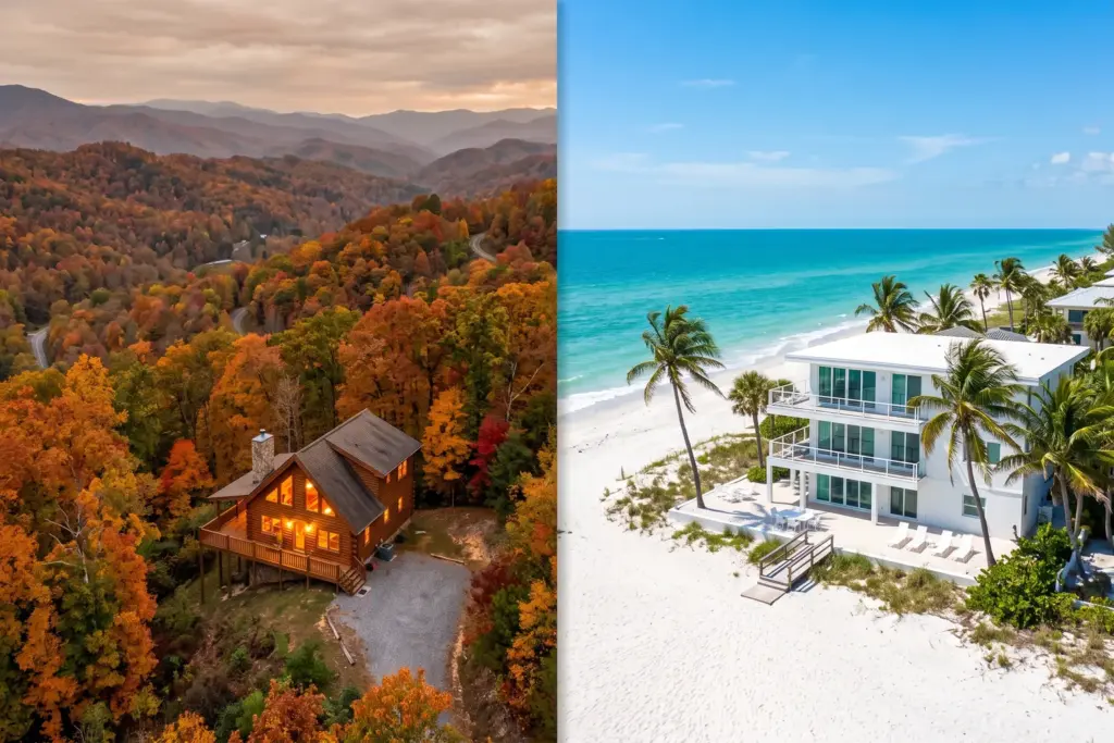 Split aerial view comparing Tennessee mountain cabin STR and Florida beach house showing cash-on-cash return differences