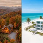 Split aerial view comparing Tennessee mountain cabin STR and Florida beach house showing cash-on-cash return differences