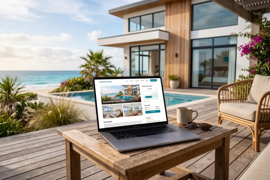 Laptop showing a vacation rental direct booking website on a wooden outdoor table at a beach house