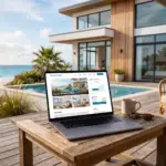 Laptop showing a vacation rental direct booking website on a wooden outdoor table at a beach house