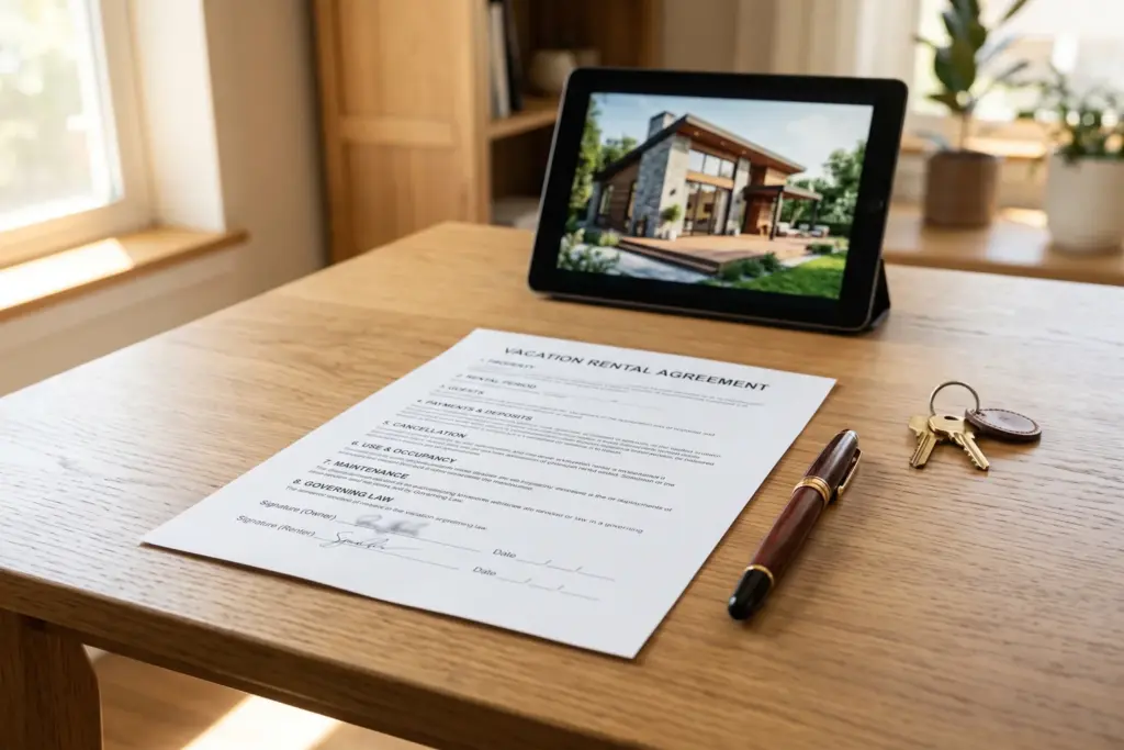 A short-term rental lease agreement document with house keys and a pen on a desk