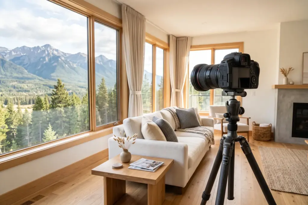 Professional camera on tripod in a bright modern vacation rental living room for STR listing photography