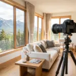 Professional camera on tripod in a bright modern vacation rental living room for STR listing photography