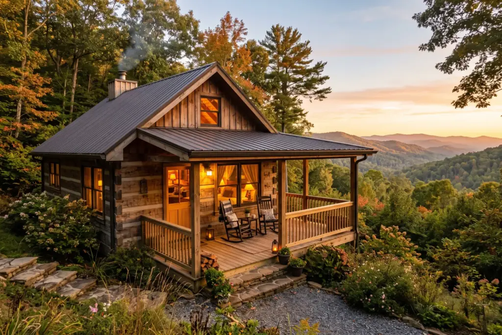 A cozy mountain cabin at golden hour representing short-term rental retirement income