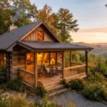A cozy mountain cabin at golden hour representing short-term rental retirement income