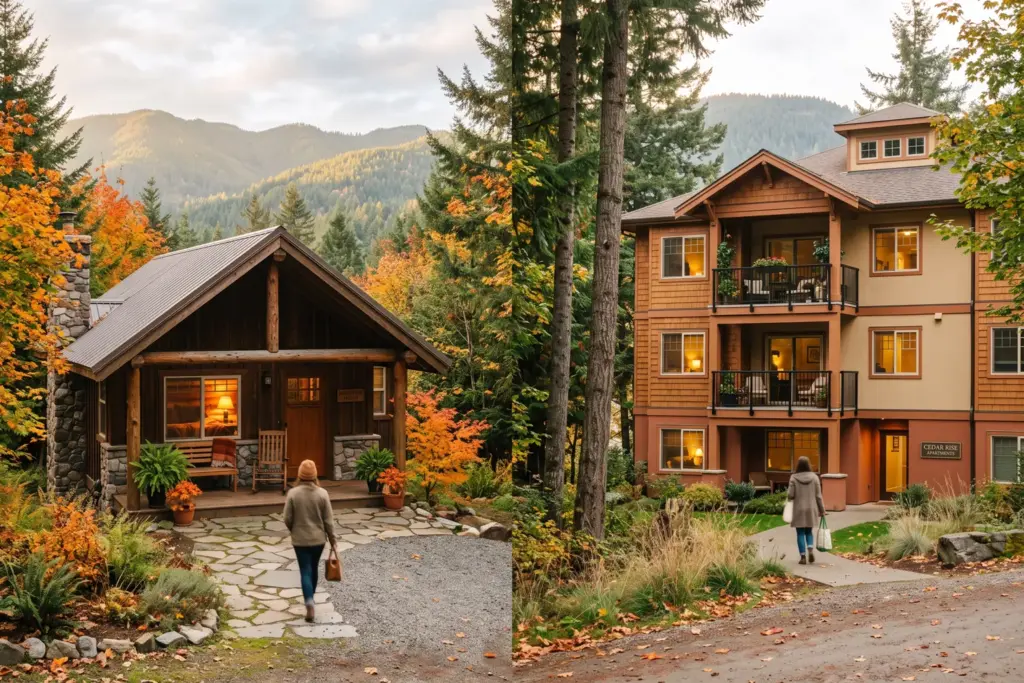 Side-by-side comparison of a mountain vacation rental cabin and a residential apartment building representing STR versus LTR investment models