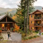 Side-by-side comparison of a mountain vacation rental cabin and a residential apartment building representing STR versus LTR investment models