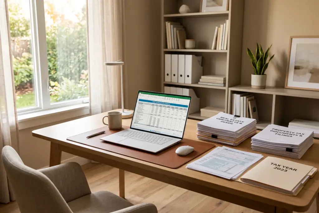 Tax documents and laptop showing STR bonus depreciation calculations for 2026