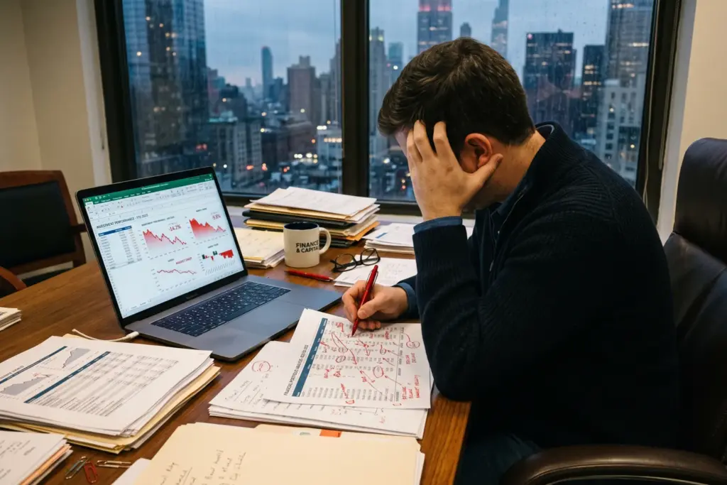 Investor reviewing STR cash flow spreadsheet with declining numbers