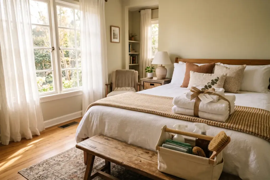 A vacation rental bedroom being prepared for guests with fresh linens and a cleaning caddy