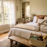 A vacation rental bedroom being prepared for guests with fresh linens and a cleaning caddy