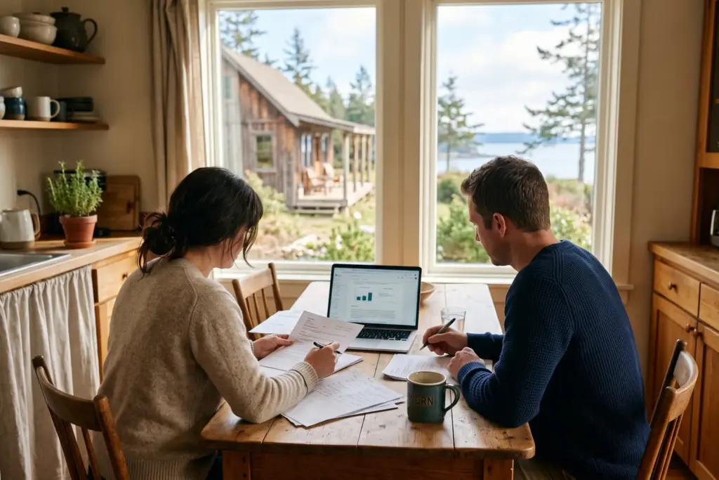Couple reviewing STR investment data at kitchen table with cabin visible through window