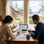 Couple reviewing STR investment data at kitchen table with cabin visible through window