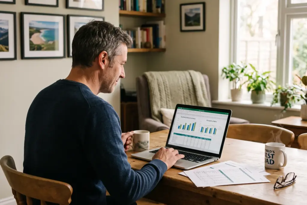 STR investor relaxing while reviewing property management performance data at home office