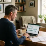 STR investor relaxing while reviewing property management performance data at home office