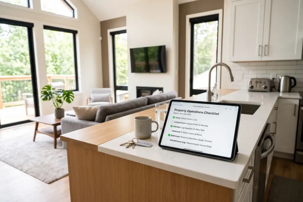STR host using property maintenance software on a laptop in a vacation rental