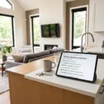 STR host using property maintenance software on a laptop in a vacation rental
