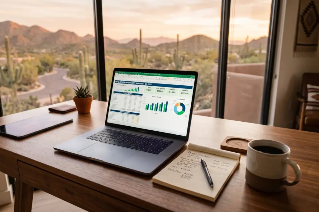 Laptop showing STR revenue analysis with break-even calculations and black coffee on a southwestern-style desk
