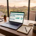 Laptop showing STR revenue analysis with break-even calculations and black coffee on a southwestern-style desk