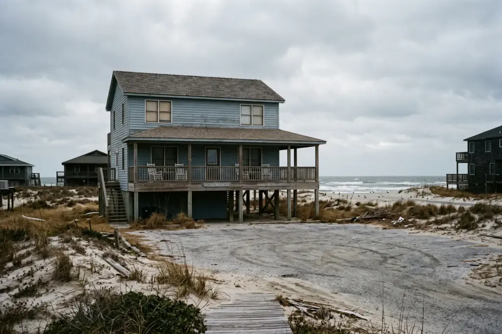 Empty beach vacation rental property in winter off-season illustrating STR mortgage risk