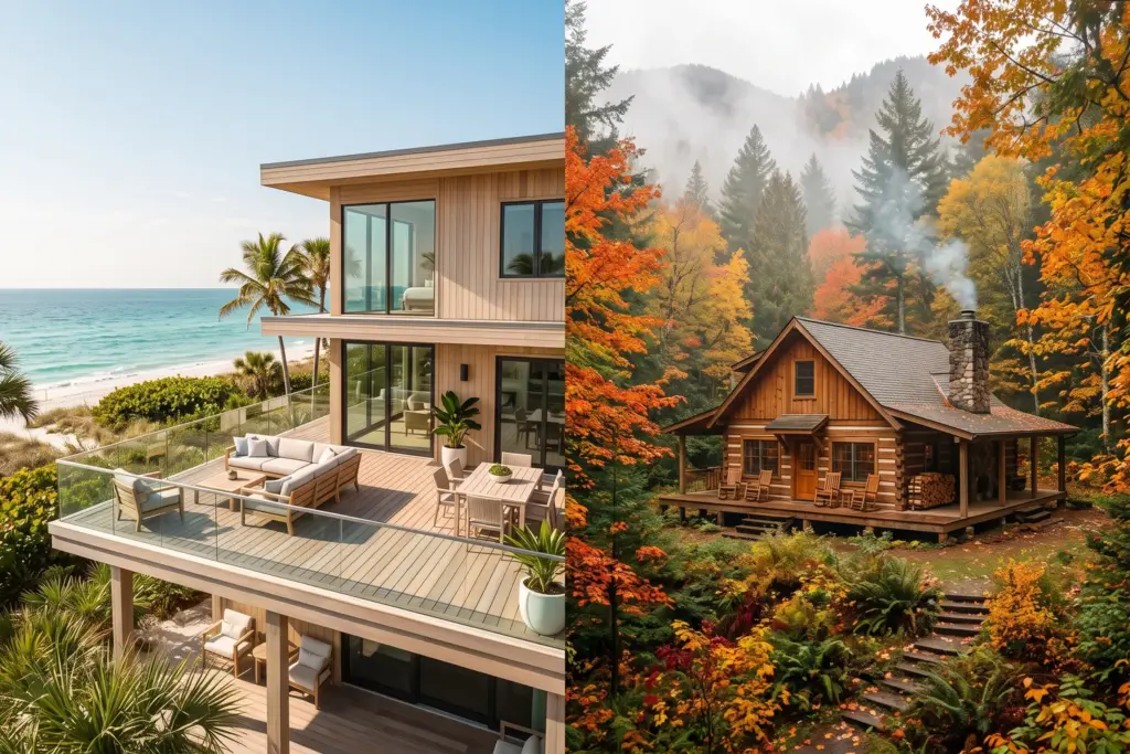 Beach house and mountain cabin side by side representing year-round vs seasonal STR market comparison