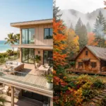 Beach house and mountain cabin side by side representing year-round vs seasonal STR market comparison