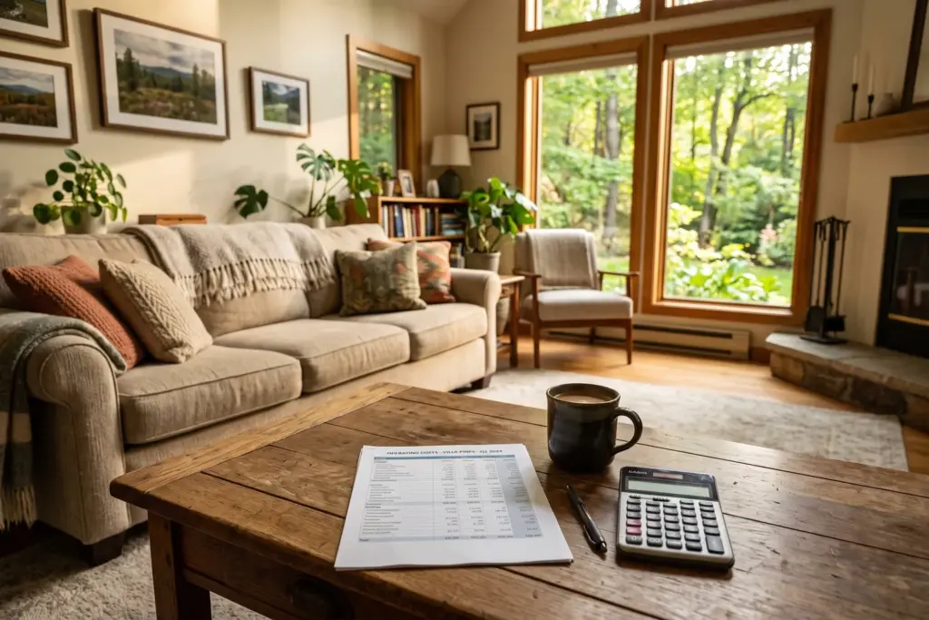 Vacation rental living room with financial spreadsheet on coffee table representing year-two STR operating costs