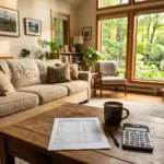 Vacation rental living room with financial spreadsheet on coffee table representing year-two STR operating costs
