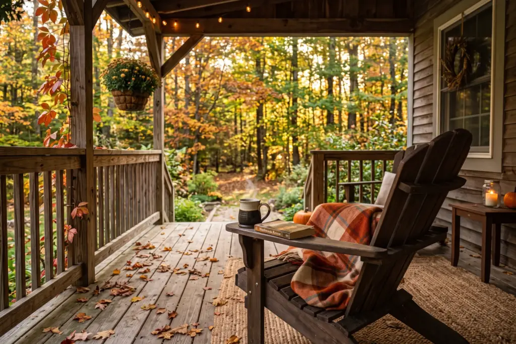 Cozy short-term rental porch in early fall with golden morning light and autumn leaves