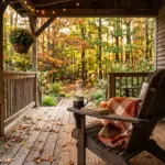 Cozy short-term rental porch in early fall with golden morning light and autumn leaves