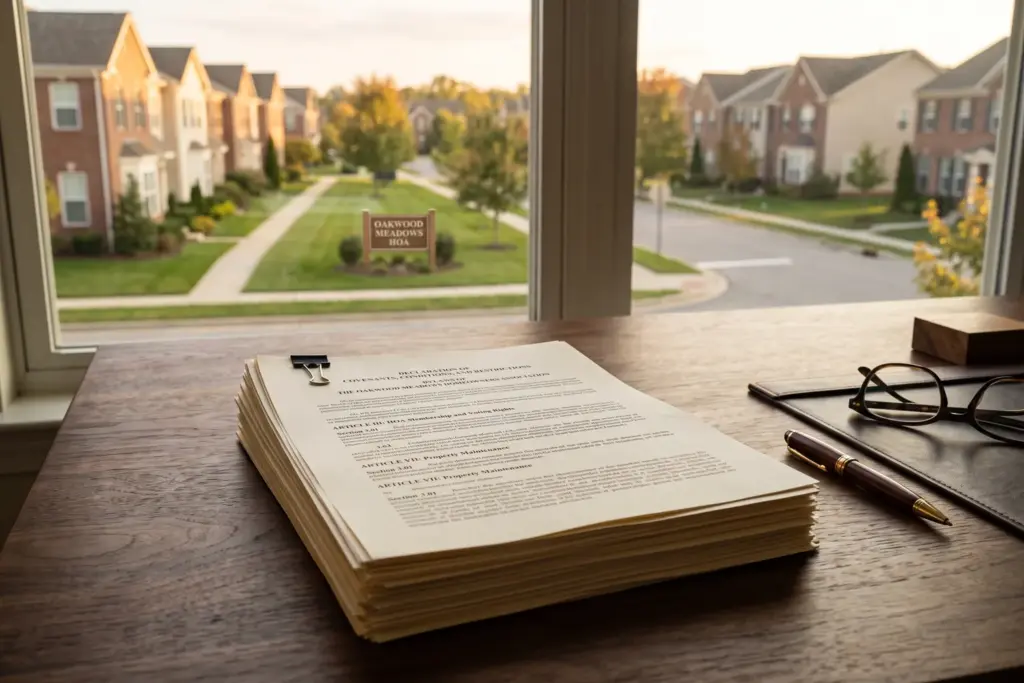 Legal documents for HOA short-term rental review on a desk