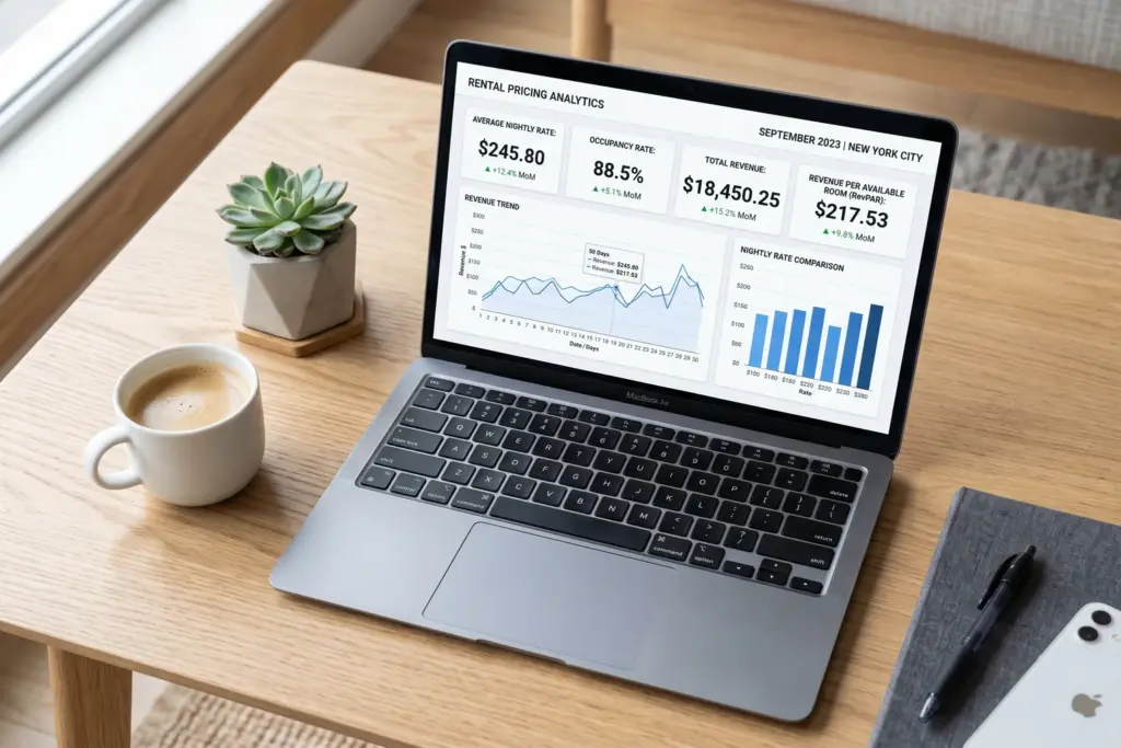 Laptop showing Airbnb pricing dashboard with fee calculation analysis for the September 15 host-only fee transition